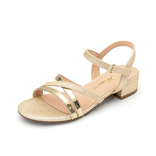 Athlefit Girls Sandals Low Heels Open Toe Flower Girl Summer Dress Easter Shoes for Party Wedding Gold Size 2 Little Kid