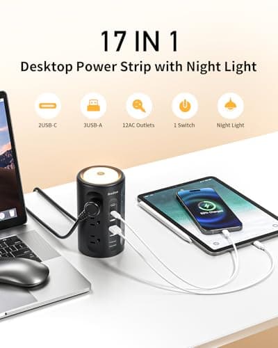 AnnTane Power Strip Tower with Night Light, Power Strip Surge Protector with USB Ports, Extension Cord 10 FT with Multiple Outlets (12AC+3A+2C) for Home Office Desk DormRoom (Black) - Thumbnail 2