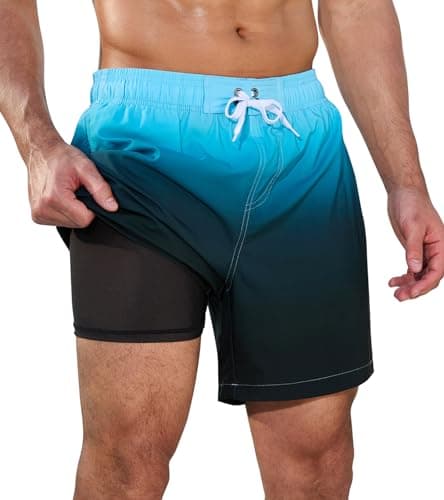 SILKWORLD Mens Swim Trunks Breathable Quick Dry Bathing Suit Breathable Beach Shorts, Blue Black Gradient, Medium - Image 1