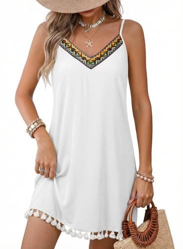 Dokotoo Summer Sundresses for Women Spaghetti Straps Cute Sundress Boho Tassel Lightweight Beach Dress V Neck Womens Dresses Spring Vacation Outfits for Women Swimsuit Cover Up White Dress 2XL - Image 1