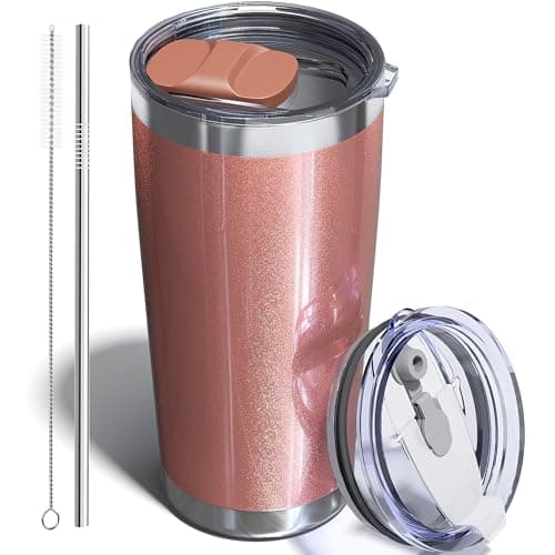 UIRZOTN Travel Coffee Tumbler 20oz, 1 Pack Travel Coffee Mug with Dual Lids and Straw, Stainless Steel Double Wall Vacuum Insulated Tumbler for Hot/Iced Drinks, Rose Gold - Image 1