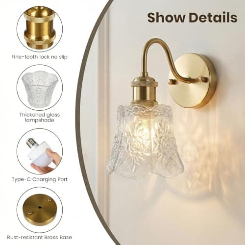 YUNICE Vintage Battery Operated Wall Sconces Set of 1 Rechargeable Wall Sconce Wireless Wall Lights with Remote Control & White Glass Lampshade for Bedroom Living Room Vintage Indoor E26 Type-C - Thumbnail 3