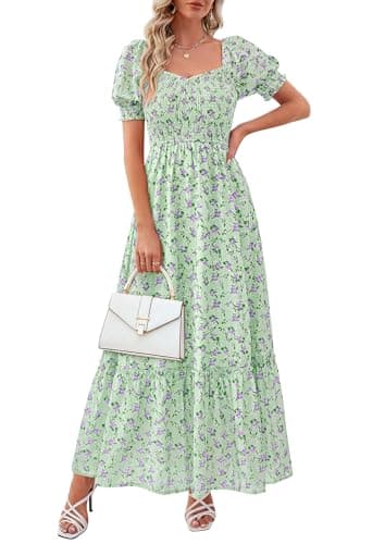 PRETTYGARDEN Women's Floral Boho Maxi Dresses Flowy Short Sleeve A Line Smocked Eyelet 2026 Summer Beach Vacation Clothes (Floral Light Green,Large) - Image 1