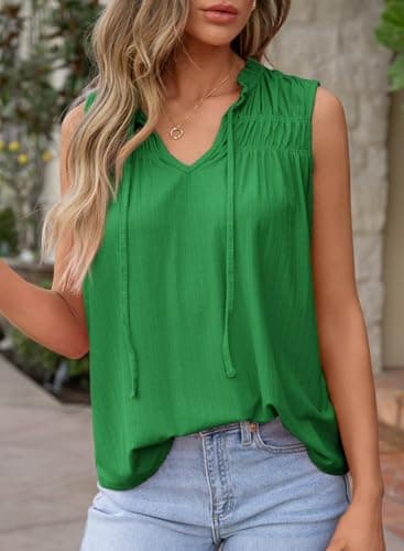 Dokotoo Green Women's Summer Tops Dressy Casual Shirts for Women Tank Tops Sleeveless Tunic Vest Pleated Flowy V Neck Spring Clothes 2026 Trendy Outfits Loose Fit Size Medium - Thumbnail 3
