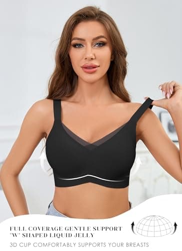 POSESHE Womens Wireless Bras V Mesh Comfortable Bralette Supportive Tshirt No Underwire Seamless Push Up Everyday Bra Black - Thumbnail 2
