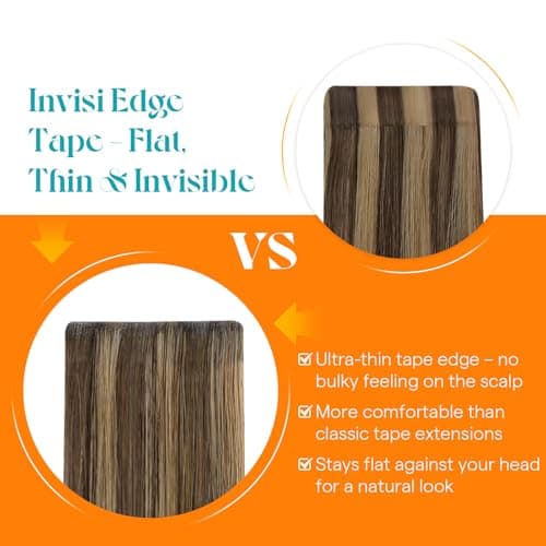 Sunny Hair Invisible Injected Tape in Hair Extensions Brown Highlight, 24inch 20Pcs 50g Real Human Hair for Women, Hand Sewn Natural Hair Extensions for Natural Volume and Glossy Shine - Thumbnail 4