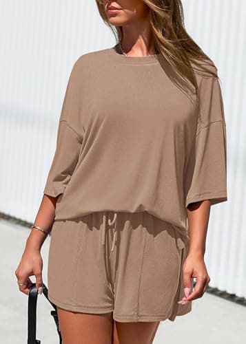 KIRUNDO 2 Piece Sets for Women Summer Lounge Sets Casual Oversized Tshirts Shorts Matching Airport Travel Outfits Postpartum(Khaki, X-Large) - Thumbnail 6