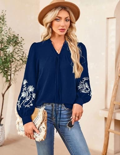 LOOKBOHO Boho Tops for Women Floral Embroidered Long Sleeve Peplum Blouses V Neck Tie Front Mexican Shirt Dressy Casual XL - Thumbnail 6