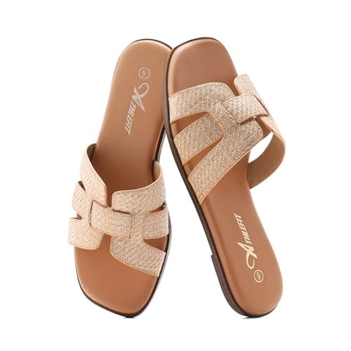 Athlefit Women's Flat Sandals Dressy Summer Square Open Toe Comfortable Slip On Leather Raffia Slide Sandals Size 11 - Thumbnail 6