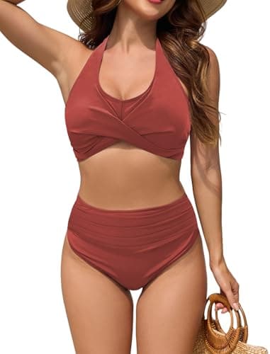 ZAFUL Womens High Waisted Bikini Sets Tummy Control Swimsuits Two Piece Halter Bathing Suits Over 50 Modest Swim Suits 2025Brick Red S - Image 1