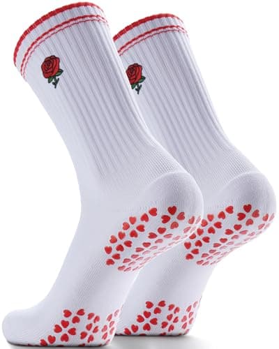 NSRRUN TURTLE Non-Slip Pilates Grip Socks for Women - Embroidery Crew Sock with Sticky Sole, Ideal for Yoga, Workout, & Barre, X-Large, 2 Pairs -Red Rose - Image 1