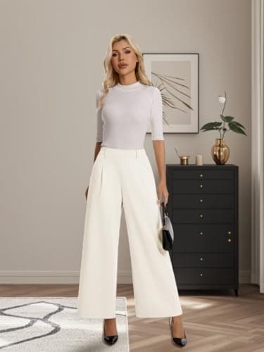 Amzdora Womens Dress Wide Leg Pants Pull On Stretchy Work Pants High Waisted Business Causal Palazzos Trousers with Pockets White - Thumbnail 3