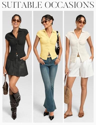 Women Textured Button Down Blouse, V-Neck Ruched Tops with Y2K Collar, Slim Fit Cap Sleeve Going Out Casual Shirt(Pink, XL) - Thumbnail 6