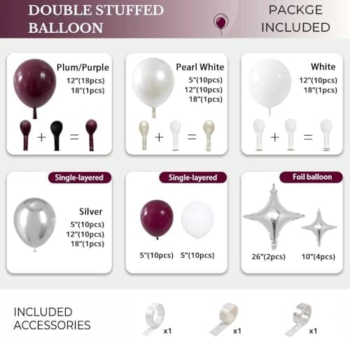 Double Stuffed Burgundy, Pearl White, Silver Balloon Arch Garland Kit - Thumbnail 4
