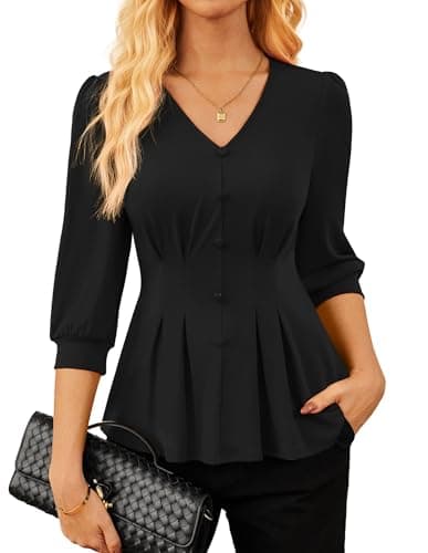 GRACE KARIN Women Business Casual Tops, 2026 Summer Trendy Dressy Blouses, 3/4 Sleeve V Neck Work Shirts Black Small - Image 1