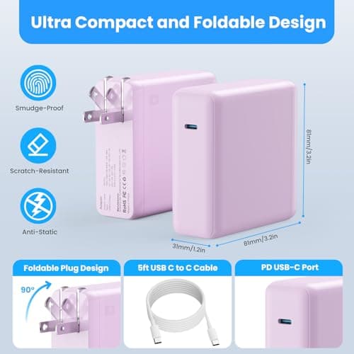 Kioson Mac Book Pro Charger - 120W USB C Charger Fast Charger, Compact Laptop Charger Adapter Compatible with USB C Port MacBook Pro/Air, iPad Pro, Samsung Galaxy and All USB-C Devices (Light Purple) - Thumbnail 4
