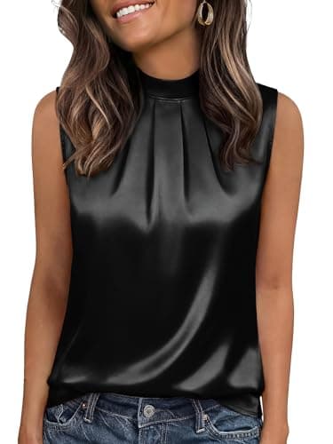Funlingo Camisole Tops for Women Silk Satin Sleeveless Tank Top Dressy Casual Blouses Pleated Shirts 2026 Business Work Outfits Black L - Image 1