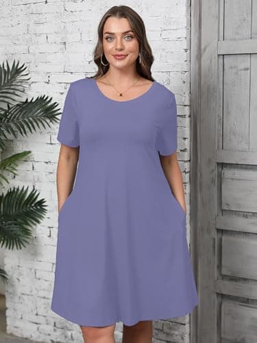 AusLook Plus Size Midi Dress for Women Casual Summer Short Sleeve A Line Swing Purple Grey 4X Dress with Pockets Round Neck Flowy Knee Length T Shirt Vacation Beach Sundress - Thumbnail 3
