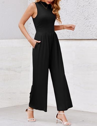 Ekouaer Summer Jumpsuits for Women Casual Mock Neck One Piece Outfits Sleeveless Formal Wide Leg Pants Romper with Pockets - Thumbnail 3