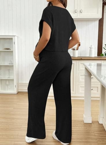 BLENCOT Maternity Clothes Ribbed Knit Lounge Set Short Sleeve Top and Long Pants Maternity Sleepwear Pajamas Sets Two Piece Matching Outfits Set Black 2XL - Thumbnail 3