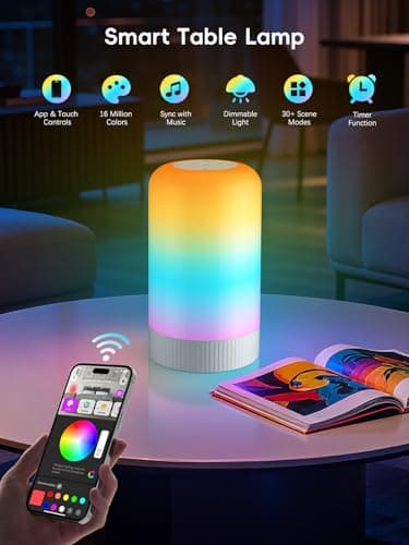 RGBICWW Smart Table Lamp, Touch Bedside Lamp with App Control, LED Desk Lamp with Music Sync, 30+ Scenes & 16M Colors, Color Changing Lamp for Bedroom Living Room Gaming Dimmable Night Light, White - Thumbnail 2