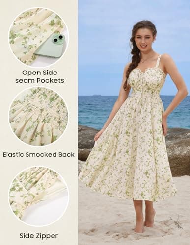 Summer Dress for Women 2026 Floral Milkmaid Sundress Midi Corset Dress Beige Green Floral L - Thumbnail 4