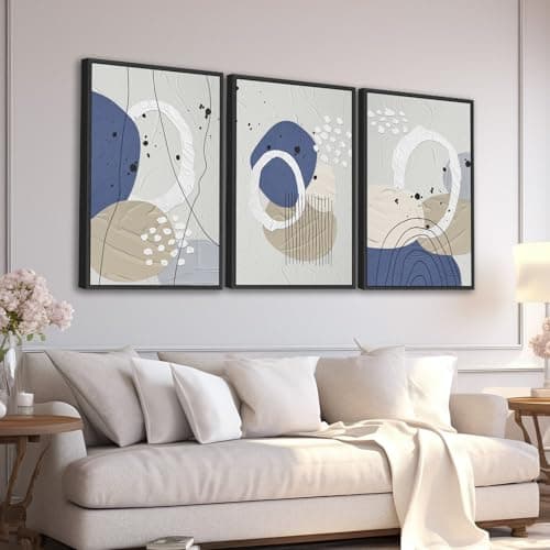 Large Framed Abstract Wall Art Canvas Prints Set of 3, Minimalist Geometric Painting Artwork, Neutral Line Art Gery Blue Beige Canvas Pictures for Living Room Bedroom Office Decor 16"x24"x3 - Image 1