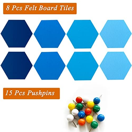 HULAVO 8Pcs Hexagon Felt Cork Board Tiles, Self Adhesive DIY Bulletin Board Pin Board for Office School Home Wall Decor Stickers Memos Photos Display (Gradual Blue) - Thumbnail 2