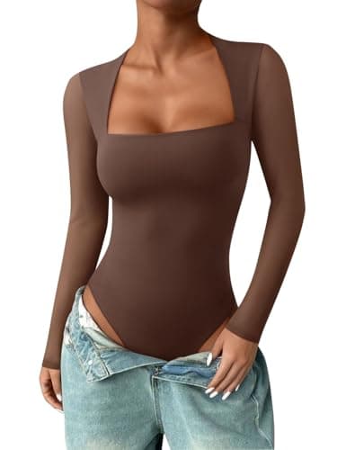 PINKMSTYLE Long Sleeve Bodysuit for Women Square Neck Mesh Going Out Tops Date Night Outfit Coffee XX-Large - Image 1
