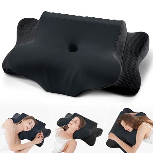 Cervical Pillow for Neck Pain Relief - Cooling Ergonomic Dual-Sided Orthopedic Neck Pillow with Ice Silk Pillowcase, Breathable Memory Foam Contour Pillow for Side, Back, Stomach Sleepers,All Black