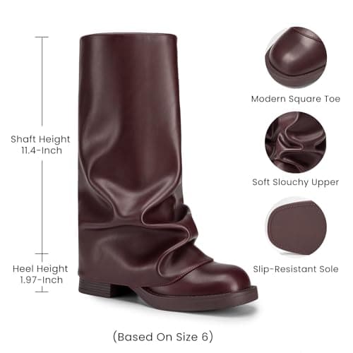 Athlefit Women's Fold Over Mid Calf Boots Slouchy Platform Low Heel Square Toe Slip On Wide Calf Burgundy Boots for Club Date Night Size 11 - Thumbnail 4