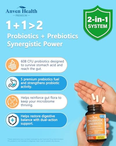 Anven Health 60 Billion Probiotic and Prebiotic for Women and Men - 19 Strains 5 Organic Prebiotics for Gut Digestive & Immune Health, Supports Diarrhea Gas Bloating, Non-GMO – Made in USA丨60 Caps - Thumbnail 3