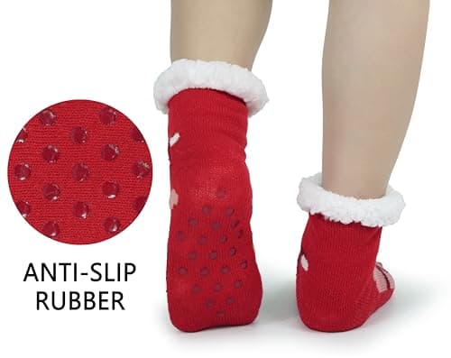 BenSorts Girls Boys Slipper Socks Warm Lining Soft Winter Thick Christmas House Socks for Kids Gifts Stripe Reindeer Red Bear 2 Pairs 8 9 10 11 12 Years - Thumbnail 3