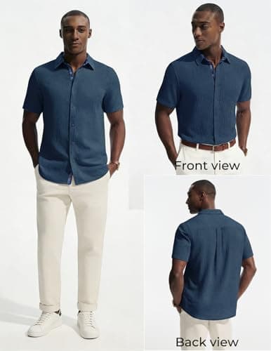 PJ PAUL JONES Men's Short Sleeve Button Down Shirt Casual Linen Summer Beach Wedding Dress Shirt Navy - Thumbnail 4