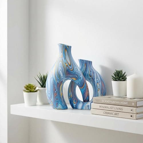 Blue Ceramic Flower Vase Set of 2, Unique Modern Decor by TZIZO - Thumbnail 5