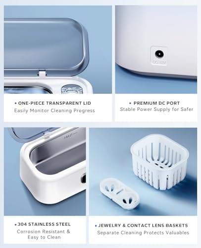SUNPOW Ultrasonic Jewelry Cleaner Machine– Dual Chambers for Contact Lenses & Jewelry, 45kHz Sonic Cleaner for Silver & Gold, Rings, Earrings, Glasses, Watches, Necklaces – Quiet 45dB, Deep Cleaning - Thumbnail 6