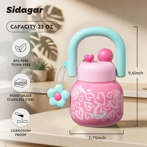 Sidagar 22 oz Tumbler with Straw and Carry Handle, Wide Mouth Insulated Stainless Steel Travel Water Bottle, Heart Pattern Flask for Gym & Office, Preppy Kawaii Valentines Day Gift - Thumbnail 2