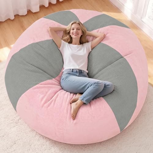 Homguava 6FT Bean Bag Chairs for AdultsTeardrop BeanBag Chair Comfy Memory Foam Bean Bags Two-Tone Distressed Velvet&Corduroy, Washable Cover for Living Room, Home (Corduroy, Light Grey/Pink) - Image 1