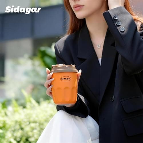 Sidagar Travel Coffee Mug 10 oz Ceramic Lined Tumbler, Double Wall Stainless Steel Coffee Cup with Lid, Vacuum Spill Proof Mini Water Bottle, Insulated Thermal Mug for Home Office, Orange - Thumbnail 2