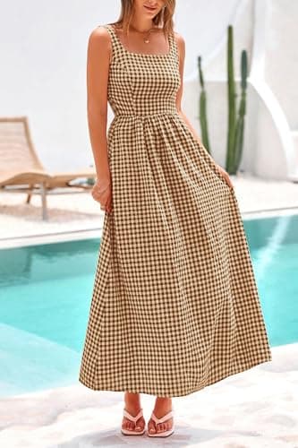 PRETTYGARDEN Women's 2026 Summer Spaghetti Strap Maxi Dresses Plaid Square Neck A Line Casual Beach Vacation Long Sundress (Coffee,Medium) - Thumbnail 6