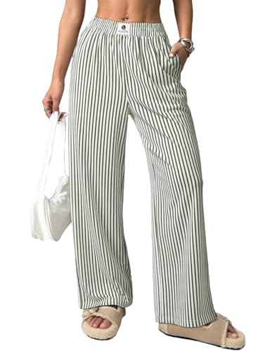 EVALESS Women's Striped Pants Spring Summer 2026 Comfy Pajama Pants High Waist Wide Leg Lounge Pants Patched Y2K Casual Trousers Lightweight PJ Bottoms with Pockets Green Stripe Large - Image 1