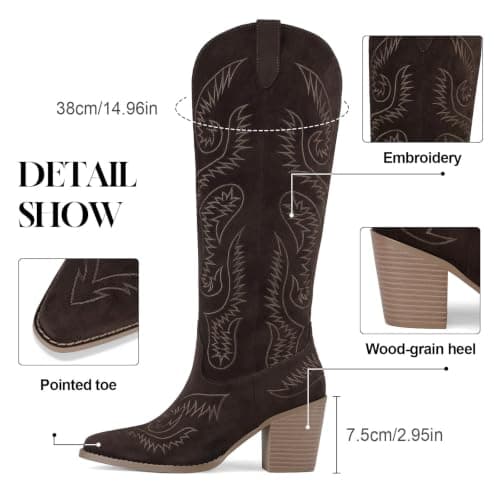 femflame Brown Women's Cowboy Boots Western Boots with Embroidery Suede Knee High Boots for Women Cowgirl Boots Wide Calf Boots for Women with Pointed Toe Chunky Heels Zipper - Thumbnail 4