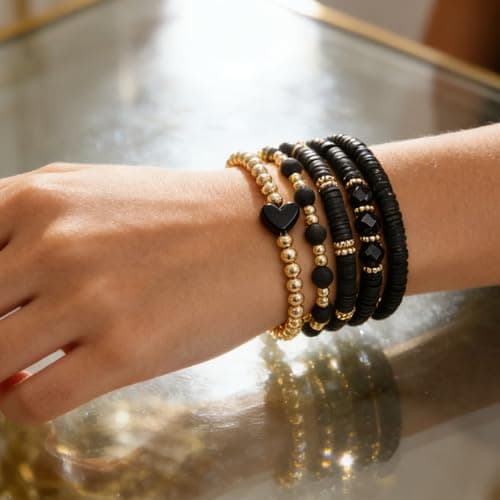Alegend Bracelet Sets 14K Gold Plated Men and Women Handmade Black Beaded Gifts Birthday - Thumbnail 3