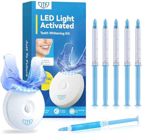 JTF Portable Teeth Whitening Kit: LED Accelerator Light with 5 Whitening Gel and 1 Remineralization Gel, 35% Carbamide Peroxide, Battery Powered Teeth Whitener to Remove Stain for Brighter White Smile