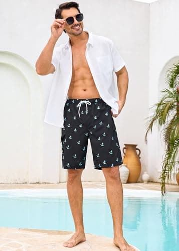 SILKWORLD Mens 9 Inch Stretch Swimming Shorts Compression Liner Swim Trunks Swimwear Bathing Suits Beach Wear Swim Suits, Blue Anchor, Medium - Thumbnail 4