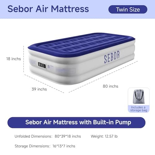 Sebor Air Mattress Twin with Built-in Pump 18", Comfortable Self-Inflating Air Mattress with High-Speed Pump, Durable Blow Up Mattress Twin with Storage Bag for Guests, Camping, Travel - Thumbnail 6