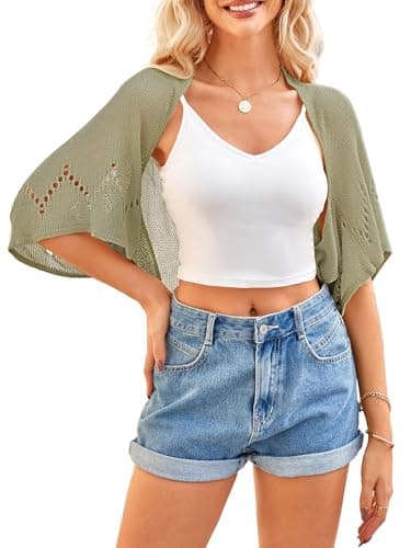 BB&KK Women's Summer Crochet Sweaters Hollow-Out Batwing Short Sleeve Lightweight Open Front Shrug Bolero Cardigans Green L - Image 1