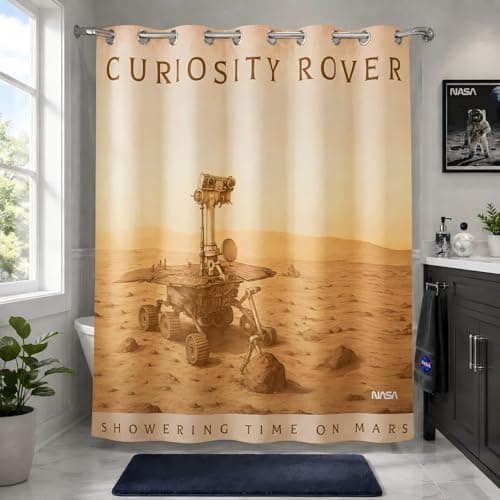 DRIFTED ROOT NASA Licensed No Hook Shower Curtain Set, Curiosity Rover Mars Vintage Poster Design, Space Poster Art, Oxford Cloth, Bathroom Hotel Decor (Curiosity-Khaki, 72" W x 74" L (Pack of 1)) - Image 1