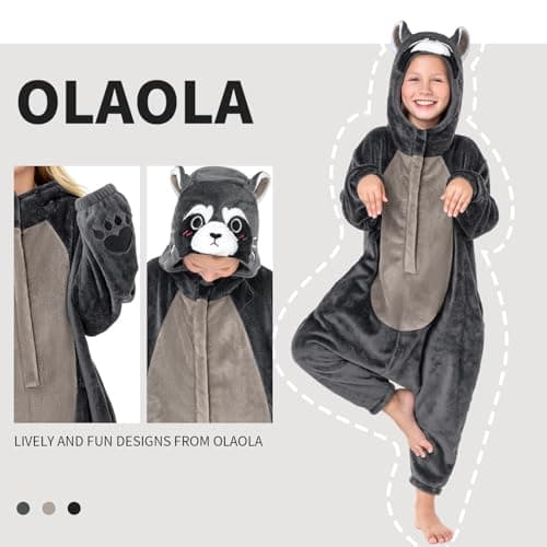 OLAOLA Raccoon Kids Onesie, Thanksgiving Unisex Animal Onesies, Plush Cosplay Pajamas for Girls Boys, One Piece Sleepwear Halloween Costume - Thumbnail 4