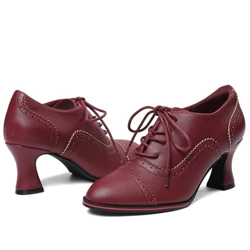 Yremael Women's Red Oxfords Dress Wingtip Vintage Comfortable Chunky High Heel Lace Up Brogues Booties - Thumbnail 6